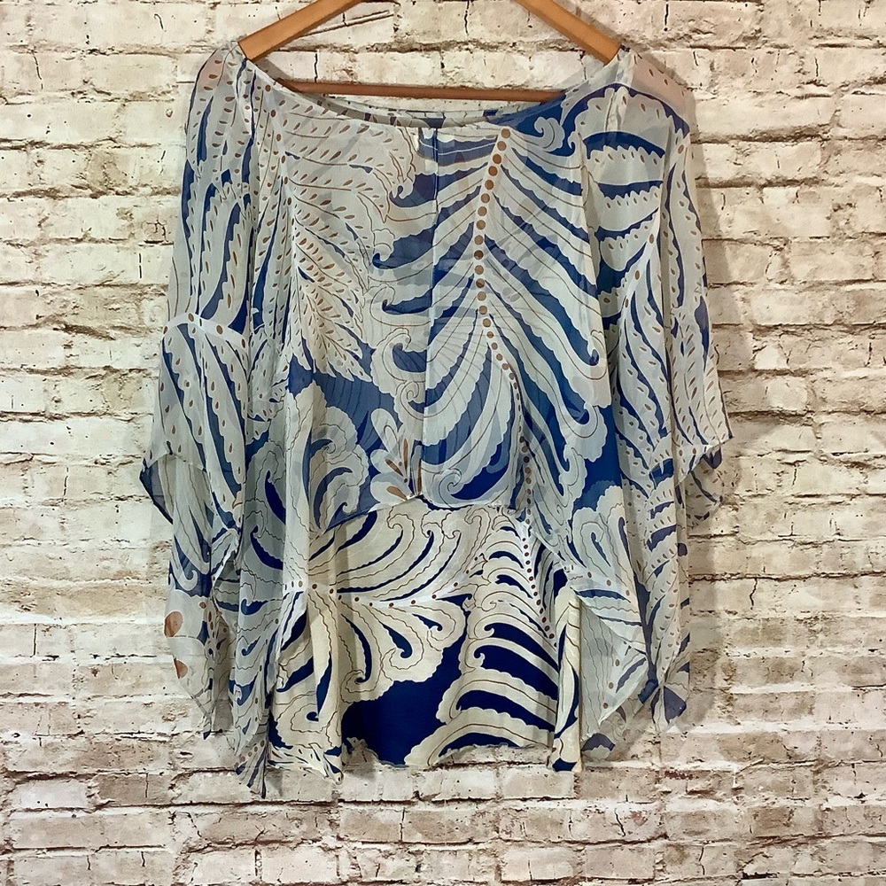 Anthropologie Tiny Sheer Layered Blue and Cream Floral Top Large